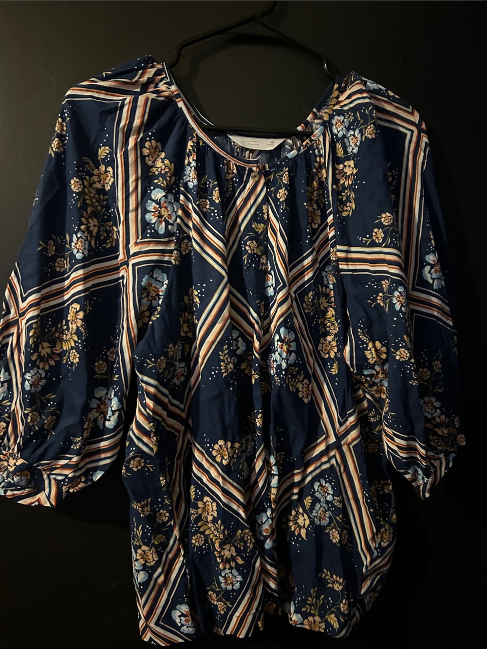 LC Lauren Conrad Navy Floral Striped Peasant Tunic